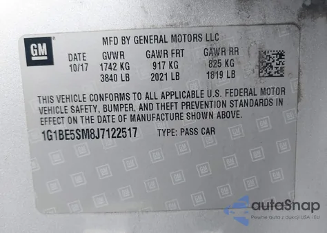 2018 Chevrolet Cruze Lt Auto из США, поврежденный, VIN 1G1BE5SM8J7122517